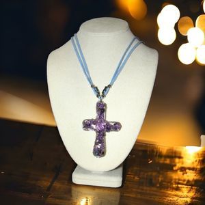Big Amethyst Cross on Suede Double Cord Necklace NWT!!